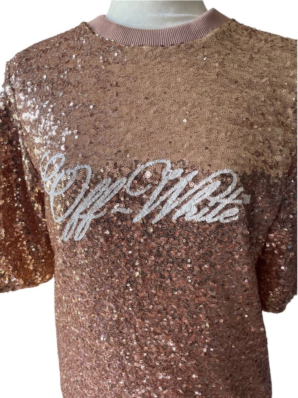 NEW Off-White Short Sleeve Shirt Sequin Rose Gold White Logo Glam Streetwear - Picture 2 of 16